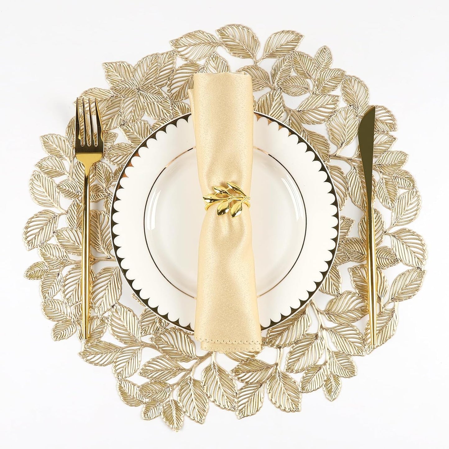 Round Gold Placemats Set of 12 Metallic Leaf Pressed Vinyl Table Dining Mats Waterproof Decorations Placemats for Gathering Housewarming Activities