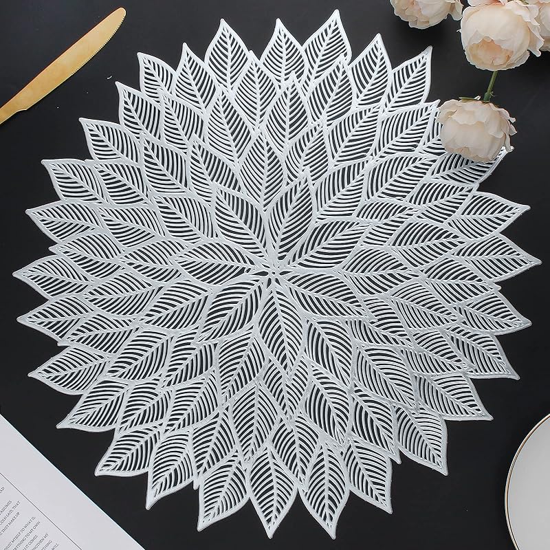 Placemats Set of 12, Round Hollow Out Flowers Place Mats for Dining Table Pressed Vinyl Blooming Leaf Table Mats for Holiday Party Wedding Accent Centerpiece Dinner Table Decoration (Gold)
