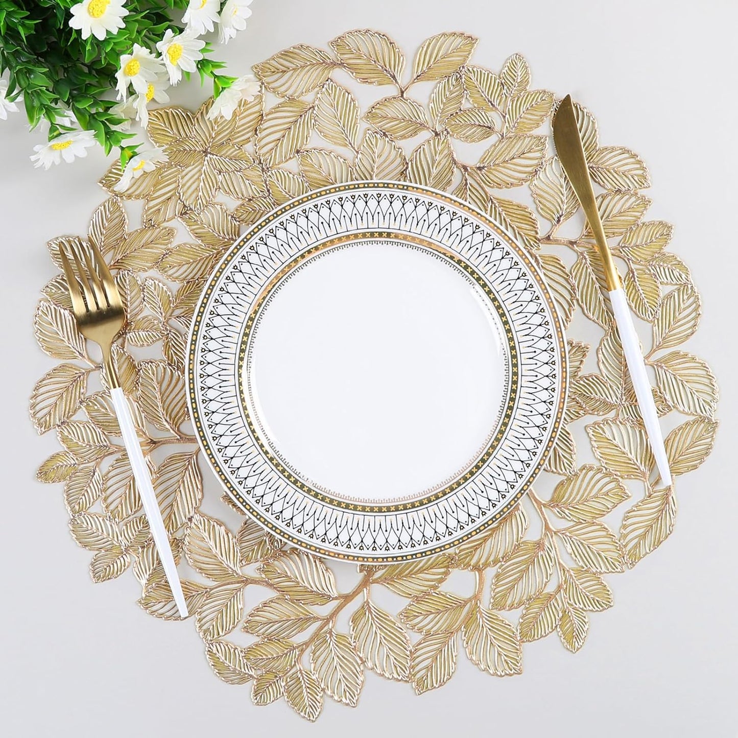 Round Gold Placemats Set of 12 Metallic Leaf Pressed Vinyl Table Dining Mats Waterproof Decorations Placemats for Gathering Housewarming Activities