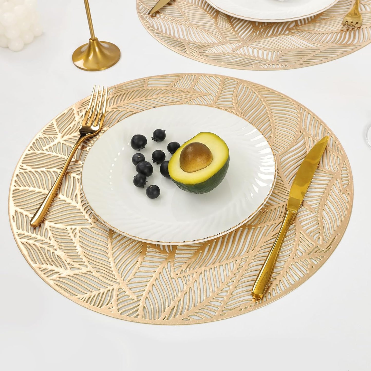 12 Pack Round Pressed Vinyl Placemats Metallic Place Mat Laminated Leaf Placemats Non-Slip Heat Insulation Kitchen Washable Table Mats Decoration Gold
