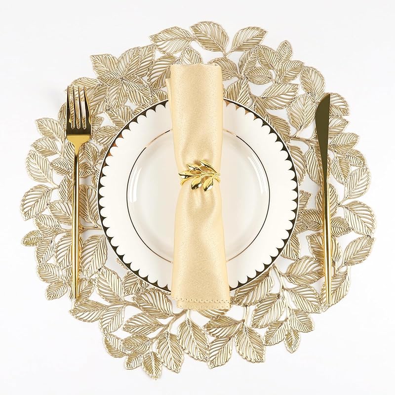Round Gold Placemats Set of 12 Metallic Leaf Pressed Vinyl Table Dining Mats Waterproof Decorations Placemats for Gathering Housewarming Activities