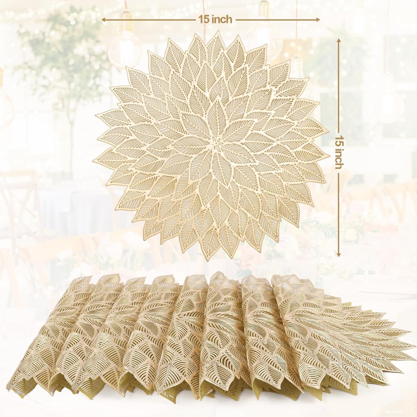 Placemats Set of 12, Round Hollow Out Flowers Place Mats for Dining Table Pressed Vinyl Blooming Leaf Table Mats for Holiday Party Wedding Accent Centerpiece Dinner Table Decoration (Gold)
