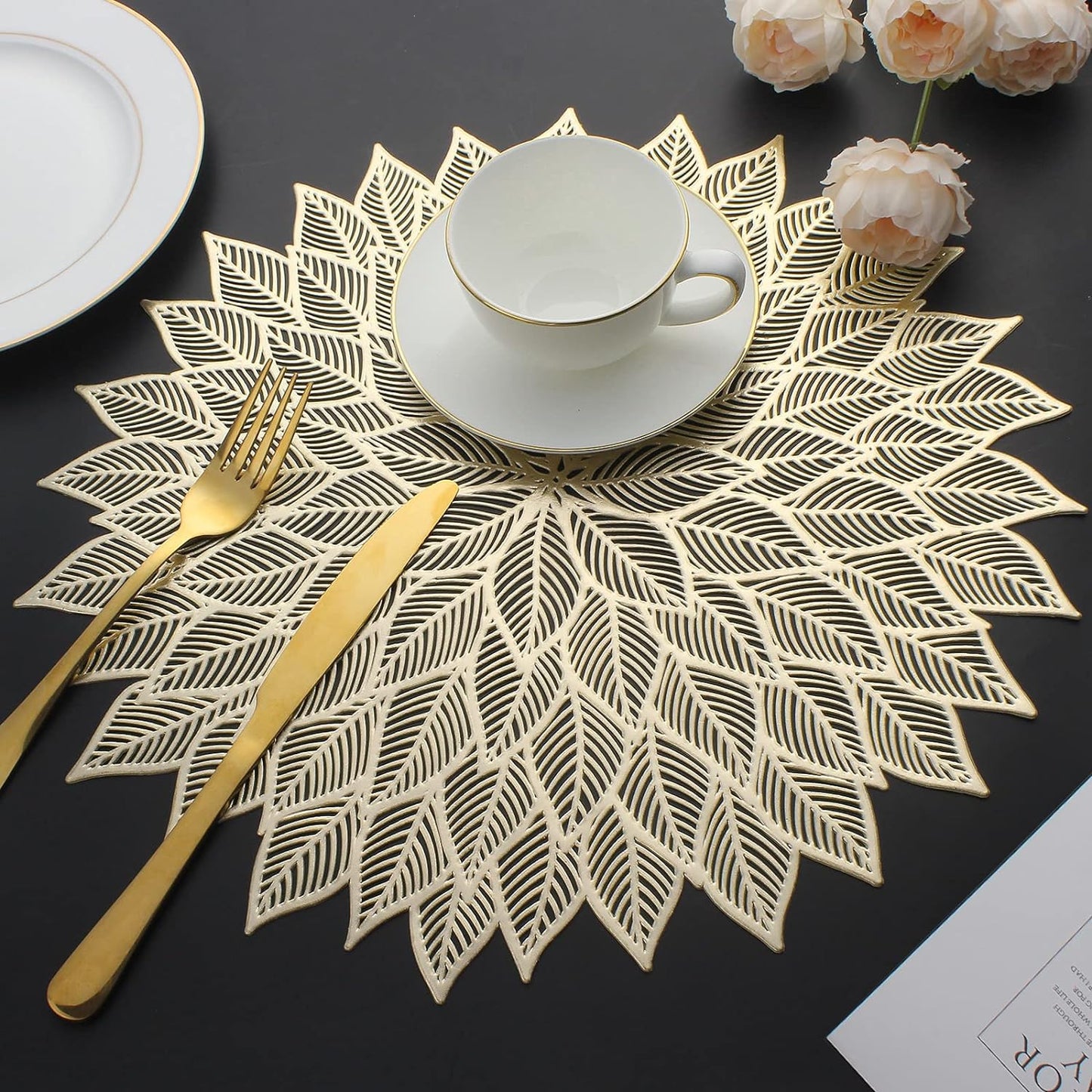 Placemats Set of 12, Round Hollow Out Flowers Place Mats for Dining Table Pressed Vinyl Blooming Leaf Table Mats for Holiday Party Wedding Accent Centerpiece Dinner Table Decoration (Gold)