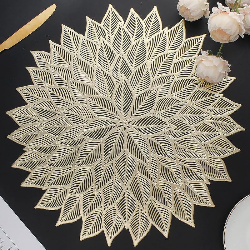 Placemats Set of 12, Round Hollow Out Flowers Place Mats for Dining Table Pressed Vinyl Blooming Leaf Table Mats for Holiday Party Wedding Accent Centerpiece Dinner Table Decoration (Gold)