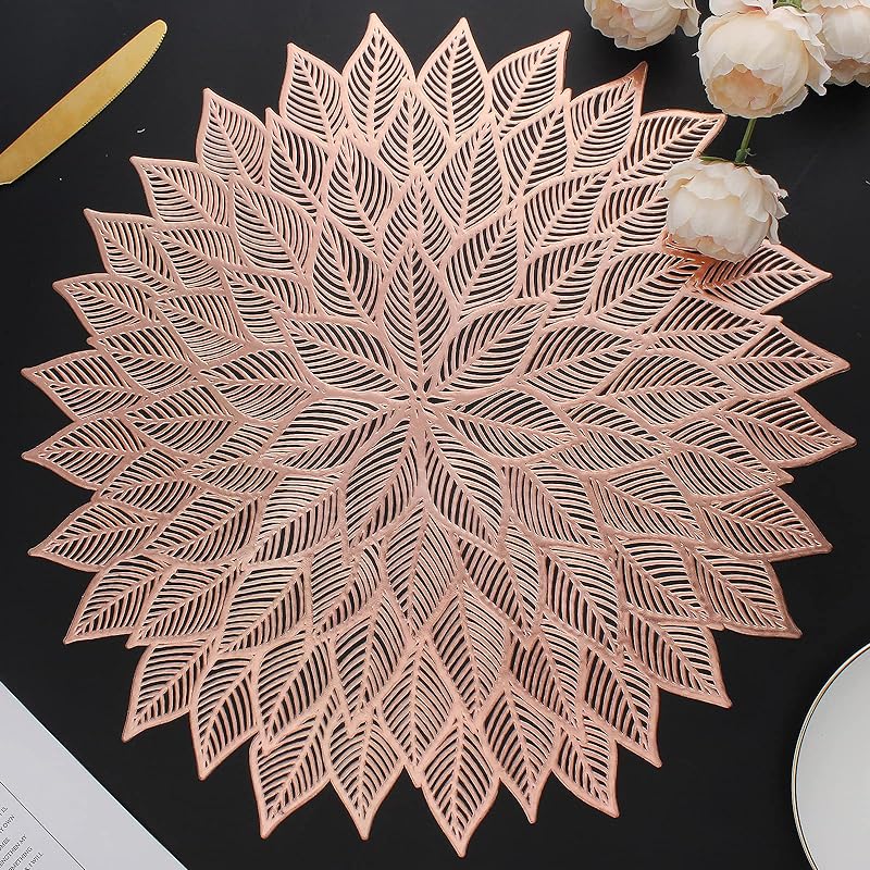 Placemats Set of 12, Round Hollow Out Flowers Place Mats for Dining Table Pressed Vinyl Blooming Leaf Table Mats for Holiday Party Wedding Accent Centerpiece Dinner Table Decoration (Gold)