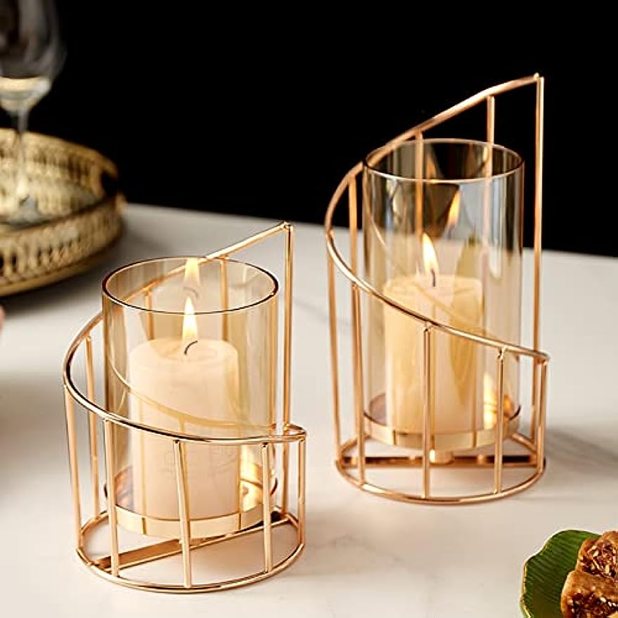Metal Wire Candle Holder Set of 2, Glass Pillar Candle Holders Gold Decorative Tea Light Candleholders for Home Decor Table Decorations Centerpiece (Spiral)