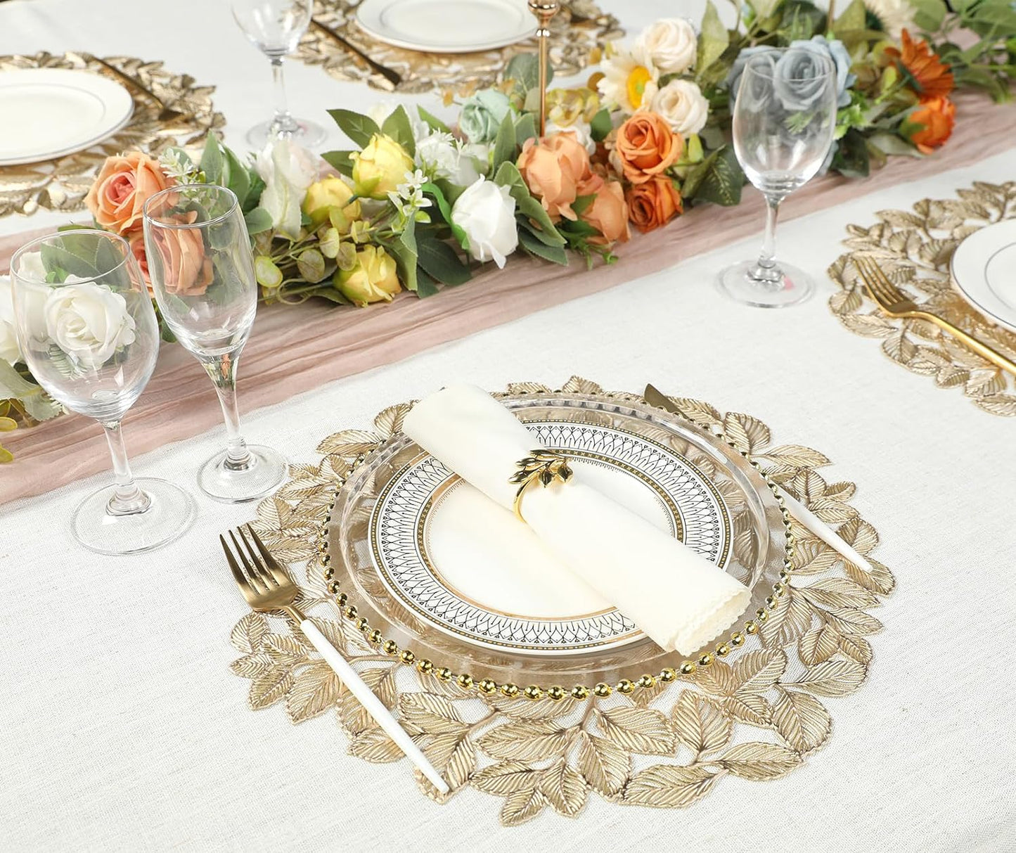 Round Gold Placemats Set of 12 Metallic Leaf Pressed Vinyl Table Dining Mats Waterproof Decorations Placemats for Gathering Housewarming Activities