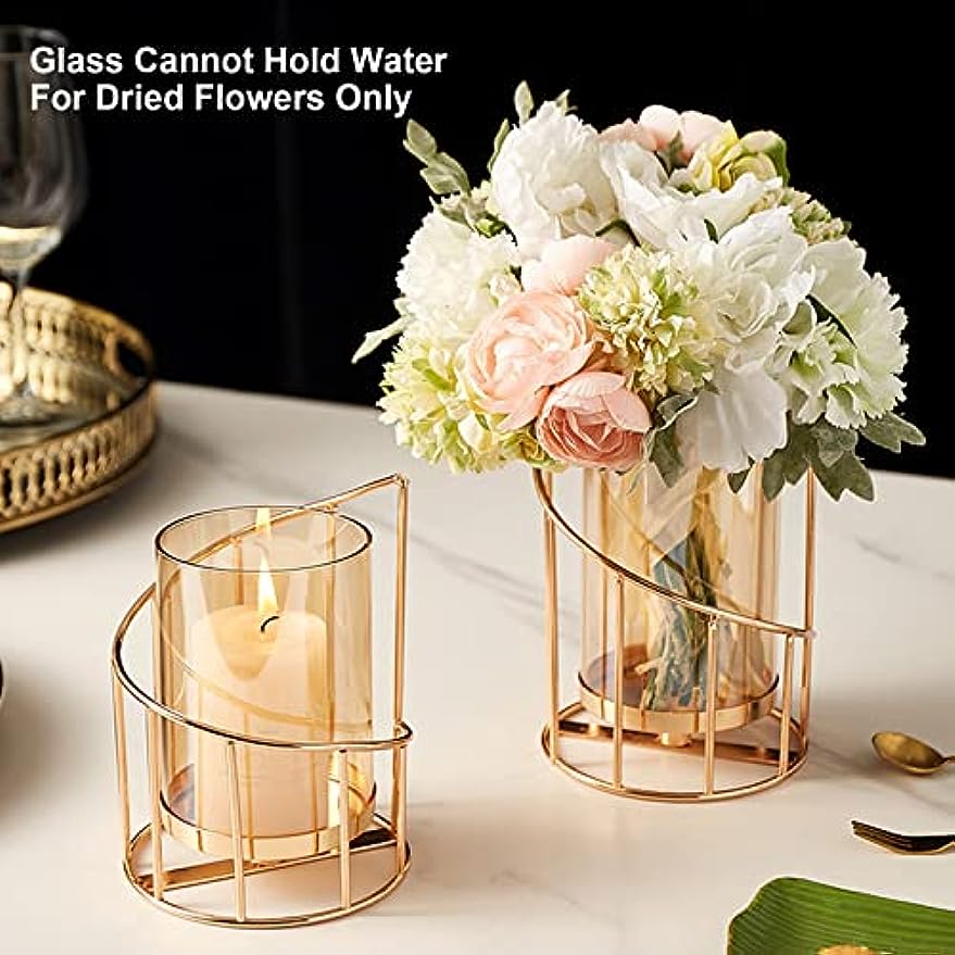 Metal Wire Candle Holder Set of 2, Glass Pillar Candle Holders Gold Decorative Tea Light Candleholders for Home Decor Table Decorations Centerpiece (Spiral)