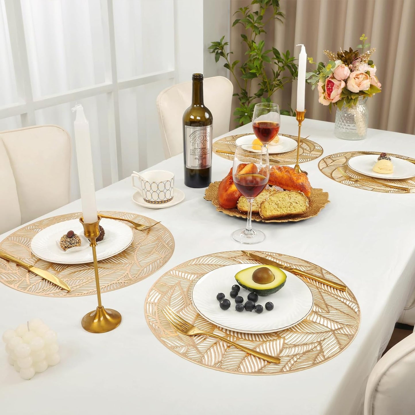 12 Pack Round Pressed Vinyl Placemats Metallic Place Mat Laminated Leaf Placemats Non-Slip Heat Insulation Kitchen Washable Table Mats Decoration Gold