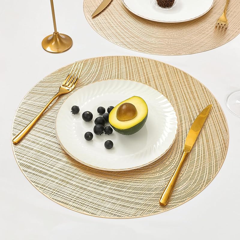 12 Pack Round Pressed Vinyl Placemats Metallic Place Mat Laminated Leaf Placemats Non-Slip Heat Insulation Kitchen Washable Table Mats Decoration Gold