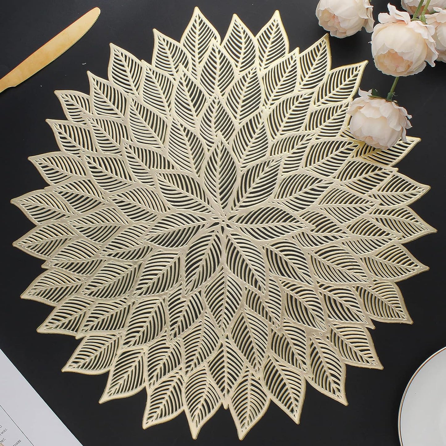 Placemats Set of 12, Round Hollow Out Flowers Place Mats for Dining Table Pressed Vinyl Blooming Leaf Table Mats for Holiday Party Wedding Accent Centerpiece Dinner Table Decoration (Gold)