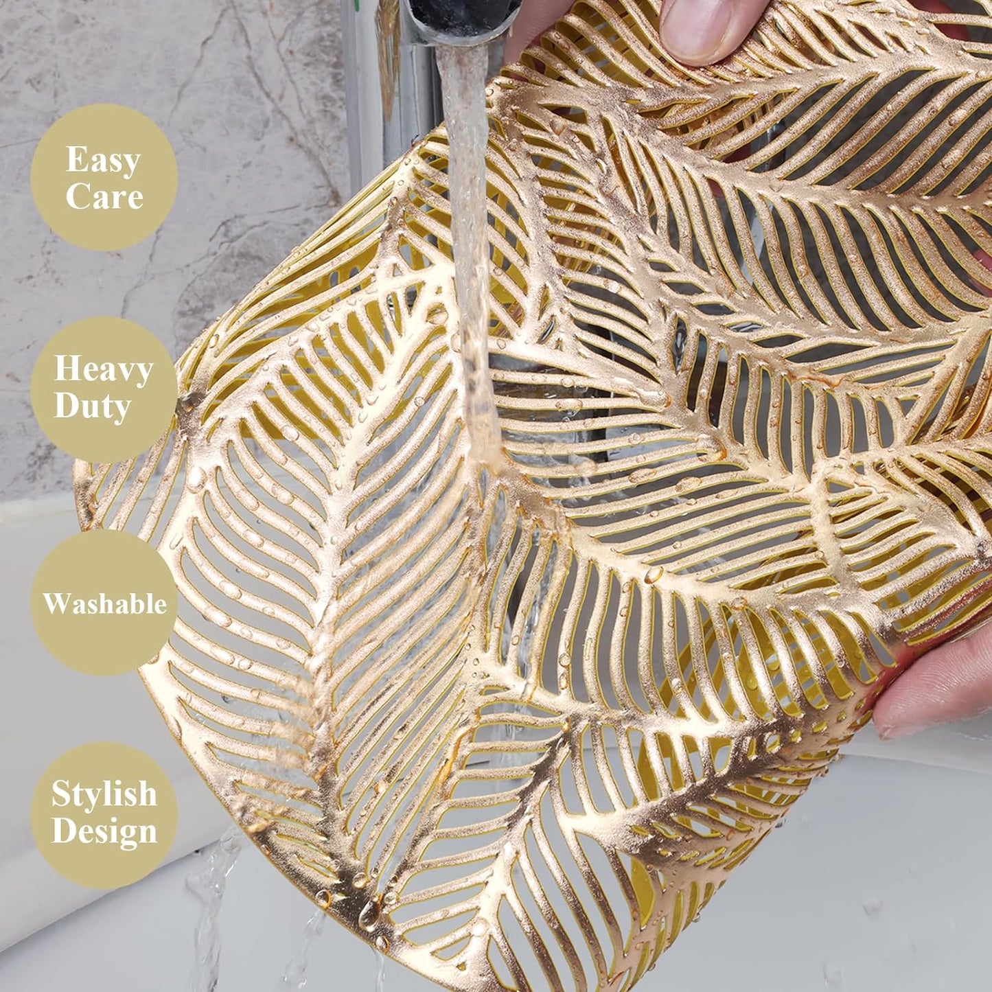 12 Pack Round Pressed Vinyl Placemats Metallic Place Mat Laminated Leaf Placemats Non-Slip Heat Insulation Kitchen Washable Table Mats Decoration Gold