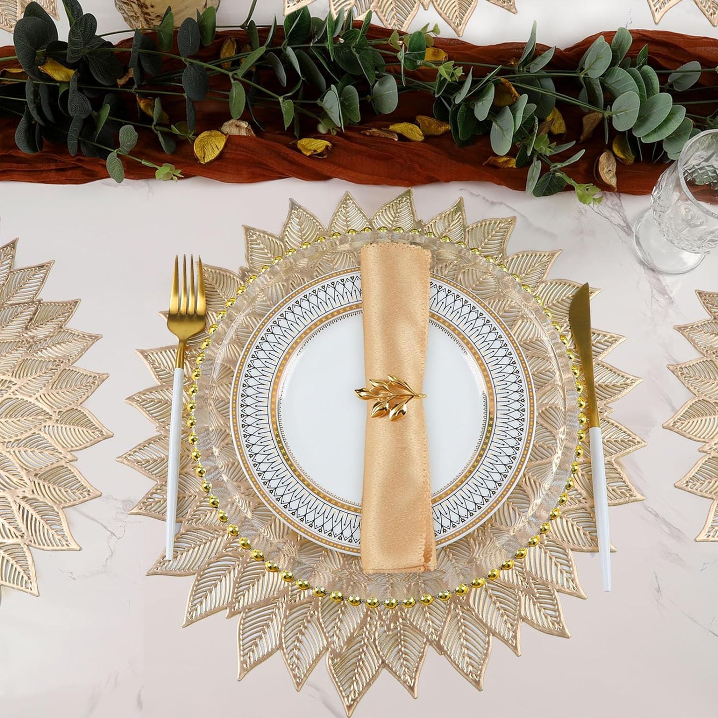 Placemats Set of 12, Round Hollow Out Flowers Place Mats for Dining Table Pressed Vinyl Blooming Leaf Table Mats for Holiday Party Wedding Accent Centerpiece Dinner Table Decoration (Gold)