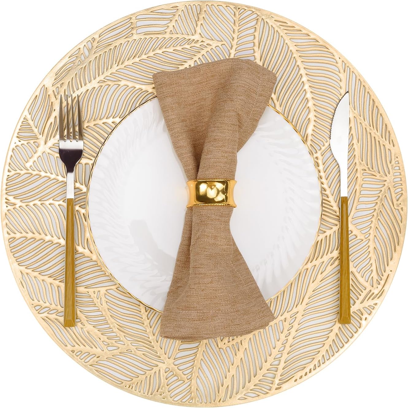 12 Pack Round Pressed Vinyl Placemats Metallic Place Mat Laminated Leaf Placemats Non-Slip Heat Insulation Kitchen Washable Table Mats Decoration Gold