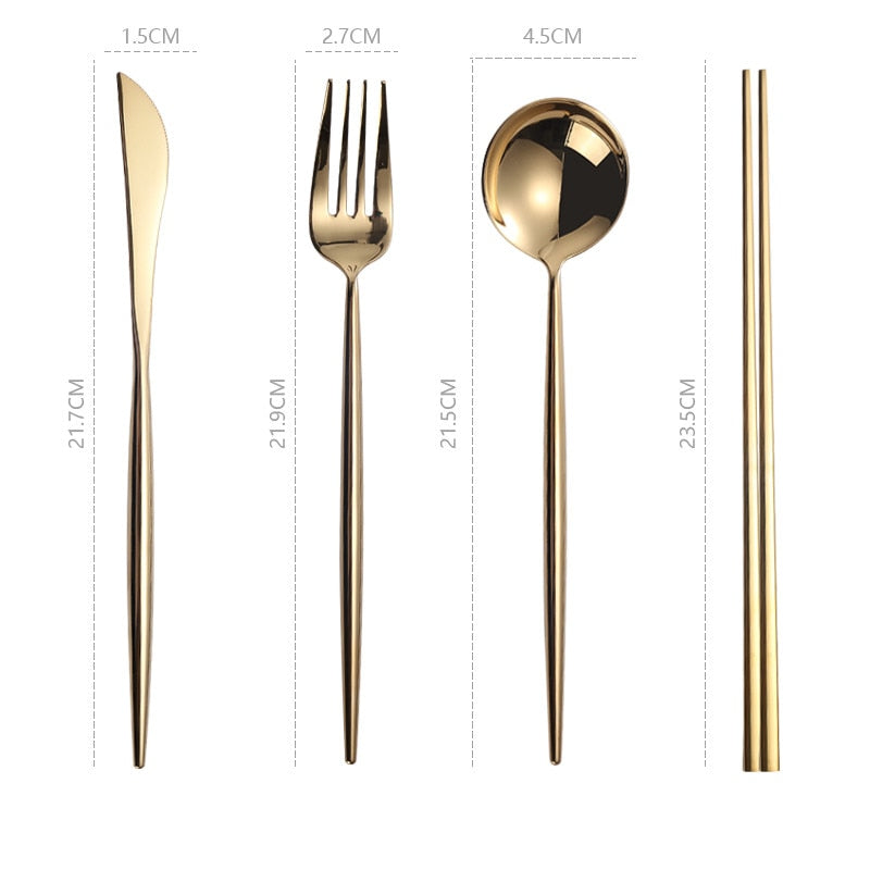 Mirror Gold Cutlery Set 304 Stainless Steel Silverware Tableware Set Service Bright Chopstick Forks Knives Spoons Dinner Set