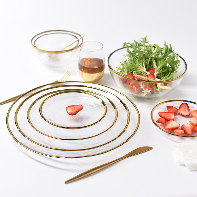 Nordic Glod Charger Glass Dinner Dish Plate Salad Soup Fruit Bowl Dessert Bead Wedding Plate Decorative Tableware