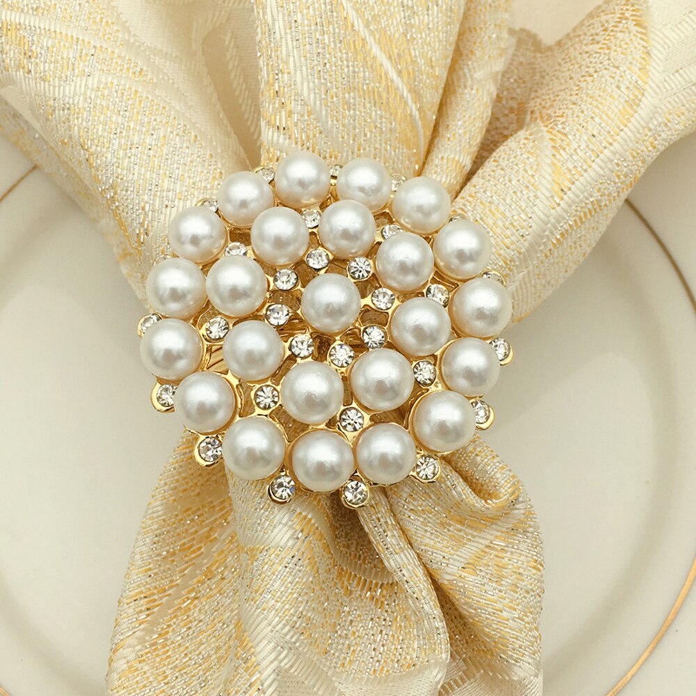 10pcs SHSEJA Deluxe Napkin Ring Hotel Wedding Supplies Napkin Ring Gold Plated Diamond Pearl Napkin Buckle Desktop Decoration