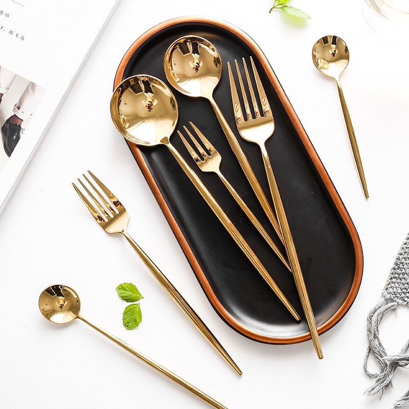 Mirror Gold Cutlery Set 304 Stainless Steel Silverware Tableware Set Service Bright Chopstick Forks Knives Spoons Dinner Set