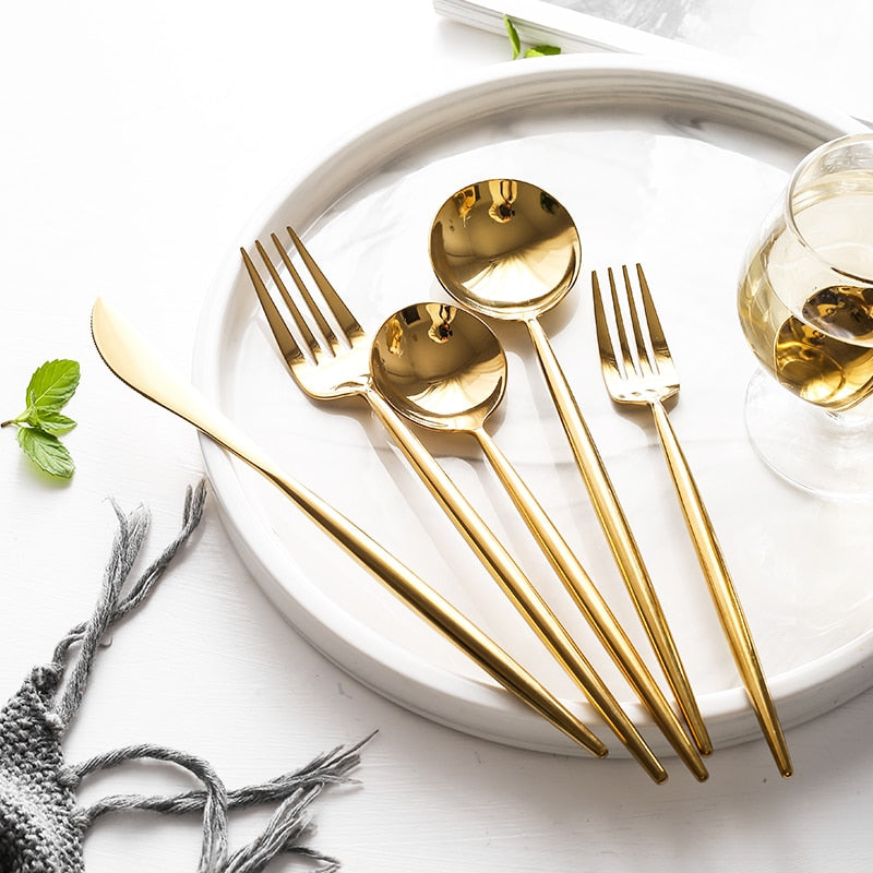 Mirror Gold Cutlery Set 304 Stainless Steel Silverware Tableware Set Service Bright Chopstick Forks Knives Spoons Dinner Set
