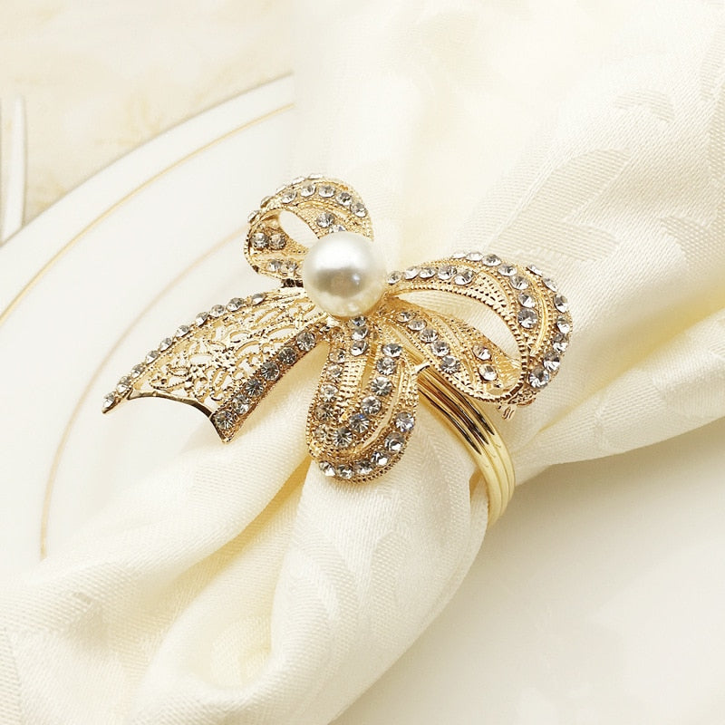 10pcs SHSEJA Deluxe Napkin Ring Hotel Wedding Supplies Napkin Ring Gold Plated Diamond Pearl Napkin Buckle Desktop Decoration
