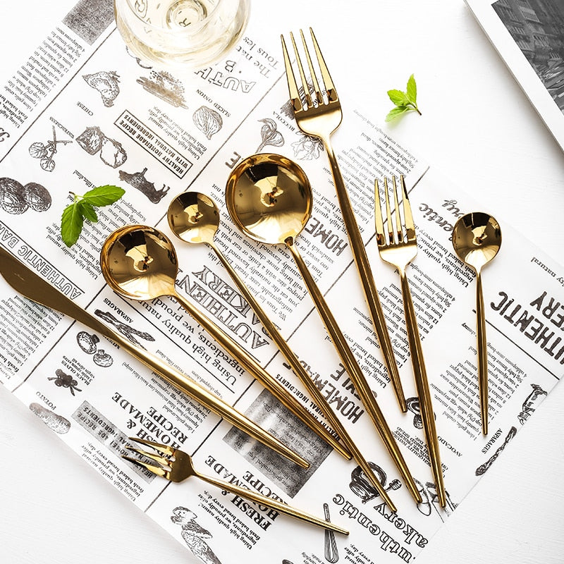 Mirror Gold Cutlery Set 304 Stainless Steel Silverware Tableware Set Service Bright Chopstick Forks Knives Spoons Dinner Set