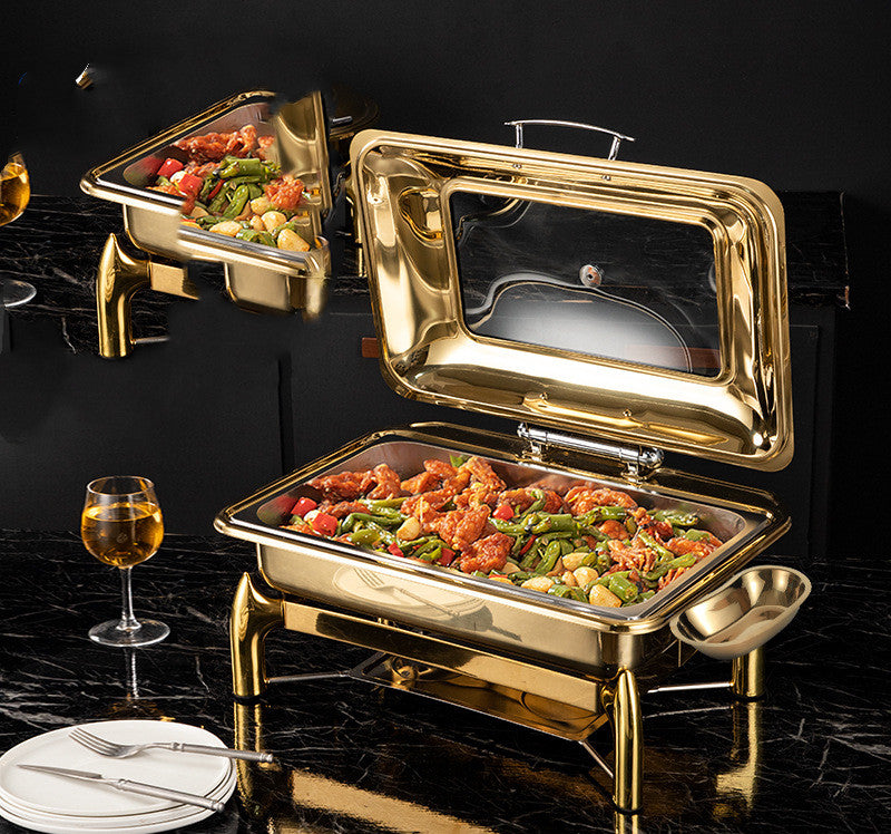 Uniquelina Gold Glass Roll Top Food Warmer Alcohol Stove Chafing Dishes Buffet Food Pan Chafer Buffet Set otel Restaurant Buffet Server