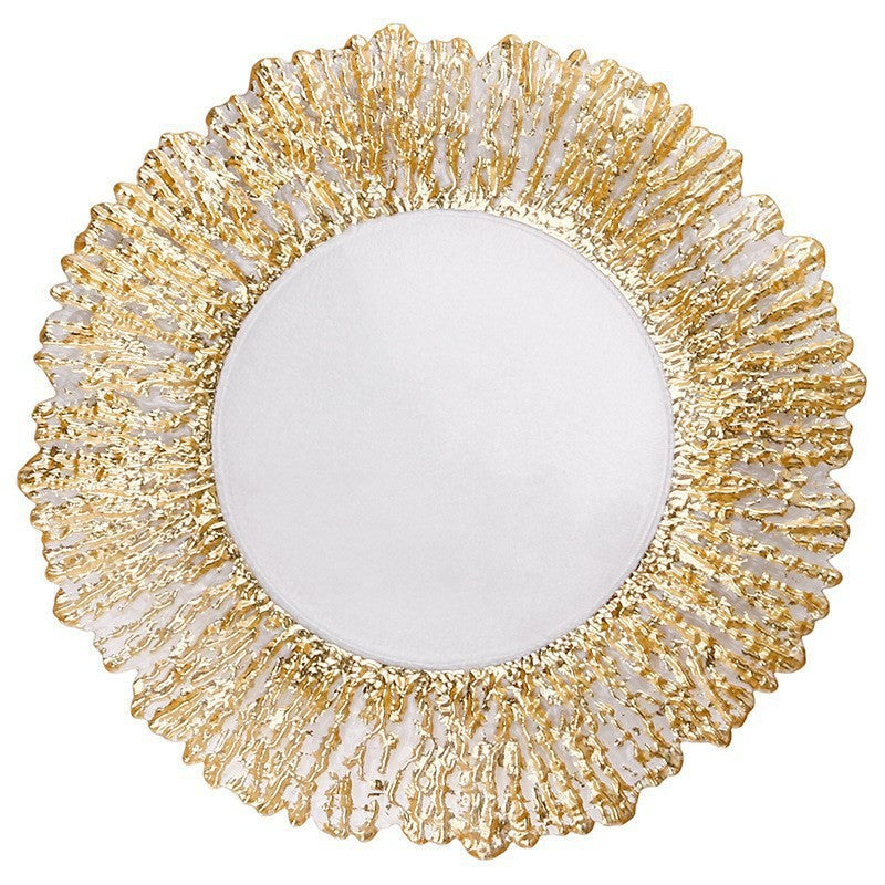 Uniquelina vente en gros de 13 pouces assiettes de chargeur à bord doré en verre rond assiettes de chargeur en verre d'or de récif rond en or pour le dîner, le mariage, la fête, la décoration d'événements.