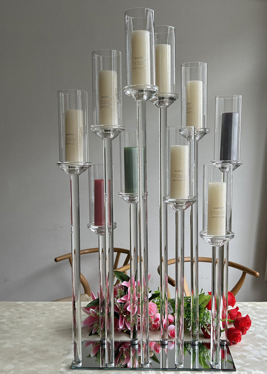 Uniquelina 5-10 Arms Crystal Clear Candelabra Centerpieces for Wedding, Pillar Taper Candlesticks Candle Holders with Acrylic Shade for Birthday Dinner Party Table Decoration(Fit 0.8" Led Candles)