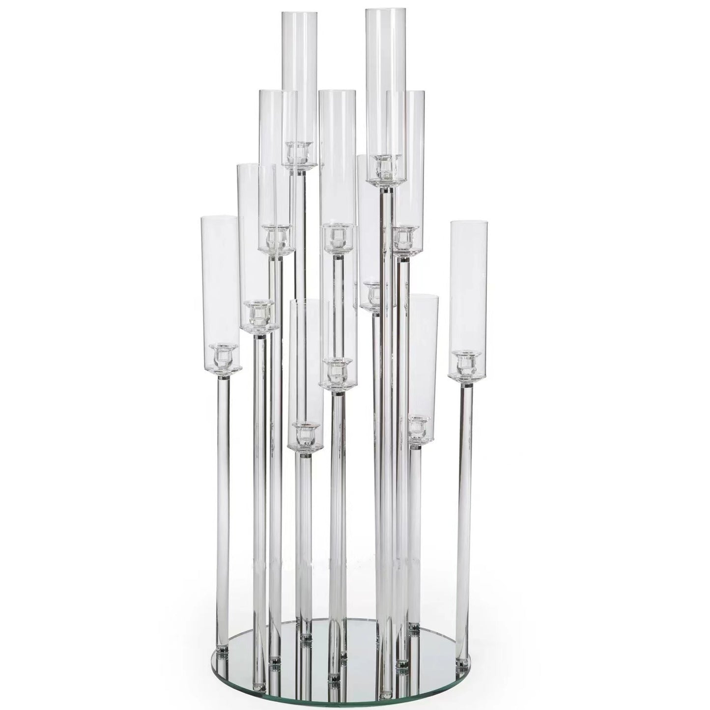Uniquelina 5-10 Arms Crystal Clear Candelabra Centerpieces for Wedding, Pillar Taper Candlesticks Candle Holders with Acrylic Shade for Birthday Dinner Party Table Decoration(Fit 0.8" Led Candles)