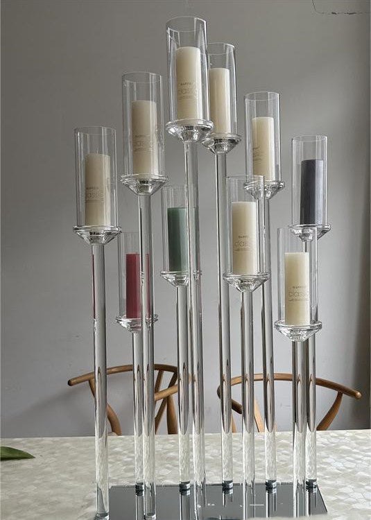 Uniquelina 5-10 Arms Crystal Clear Candelabra Centerpieces for Wedding, Pillar Taper Candlesticks Candle Holders with Acrylic Shade for Birthday Dinner Party Table Decoration(Fit 0.8" Led Candles)