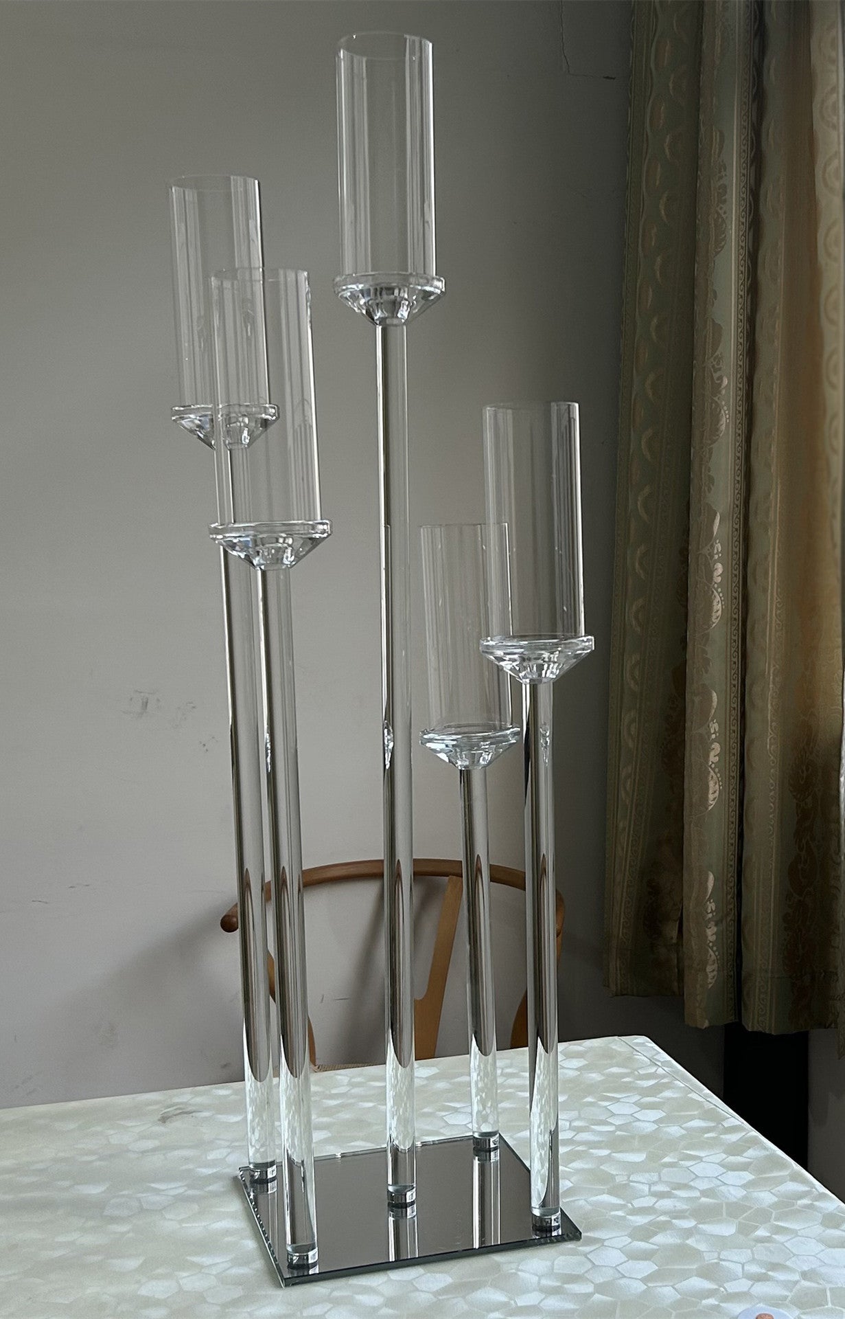 Uniquelina 5-10 Arms Crystal Clear Candelabra Centerpieces for Wedding, Pillar Taper Candlesticks Candle Holders with Acrylic Shade for Birthday Dinner Party Table Decoration(Fit 0.8" Led Candles)