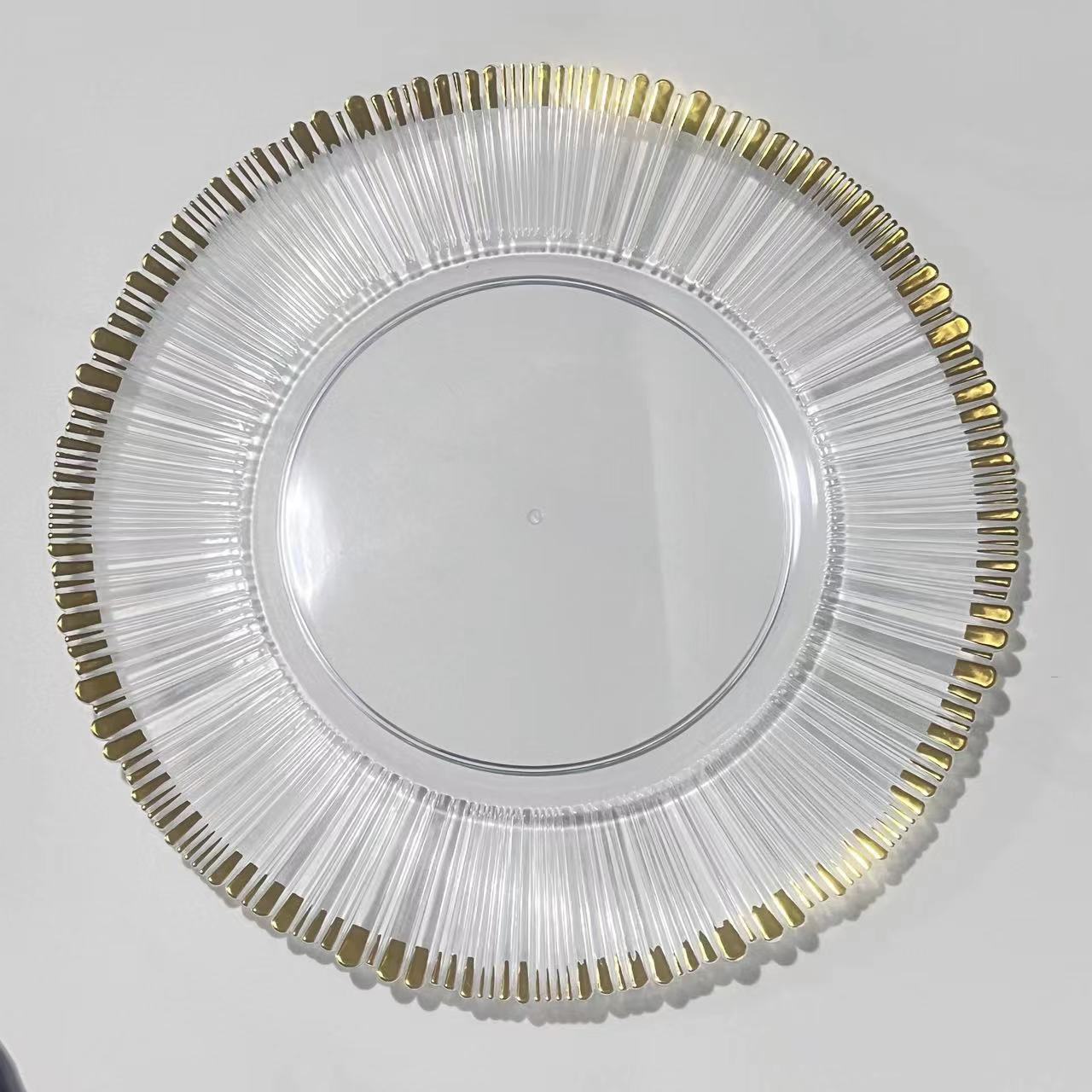 Uniquelina wholesale 13inch Round plastic Rim Charger Plates Gold Round Reef plastic Charger Plates for Dinner,Wedding,Party,Event Decoration