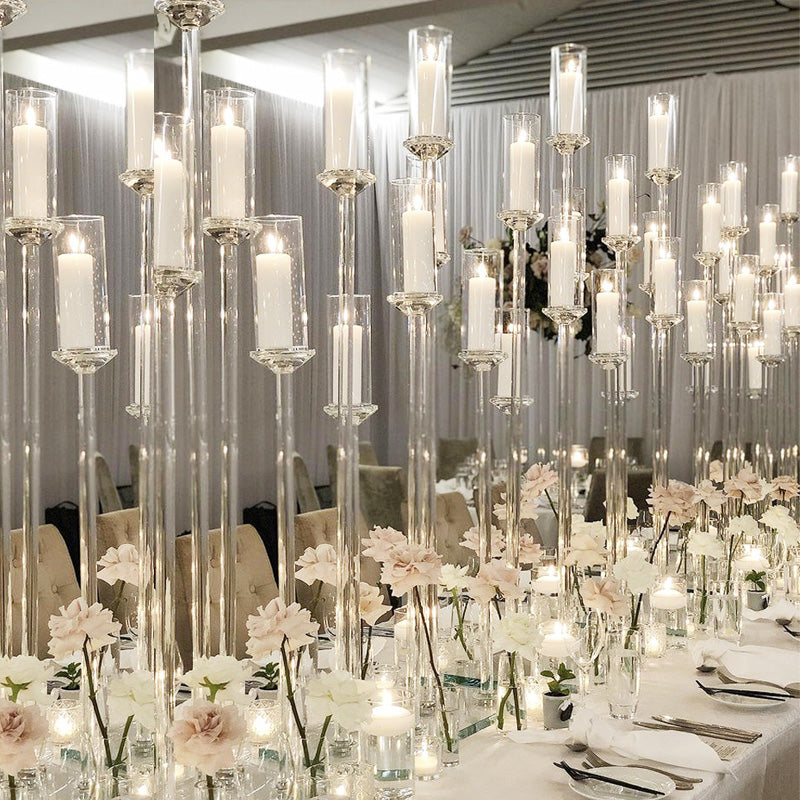 Uniquelina 5-10 Arms Crystal Clear Candelabra Centerpieces for Wedding, Pillar Taper Candlesticks Candle Holders with Acrylic Shade for Birthday Dinner Party Table Decoration(Fit 0.8" Led Candles)