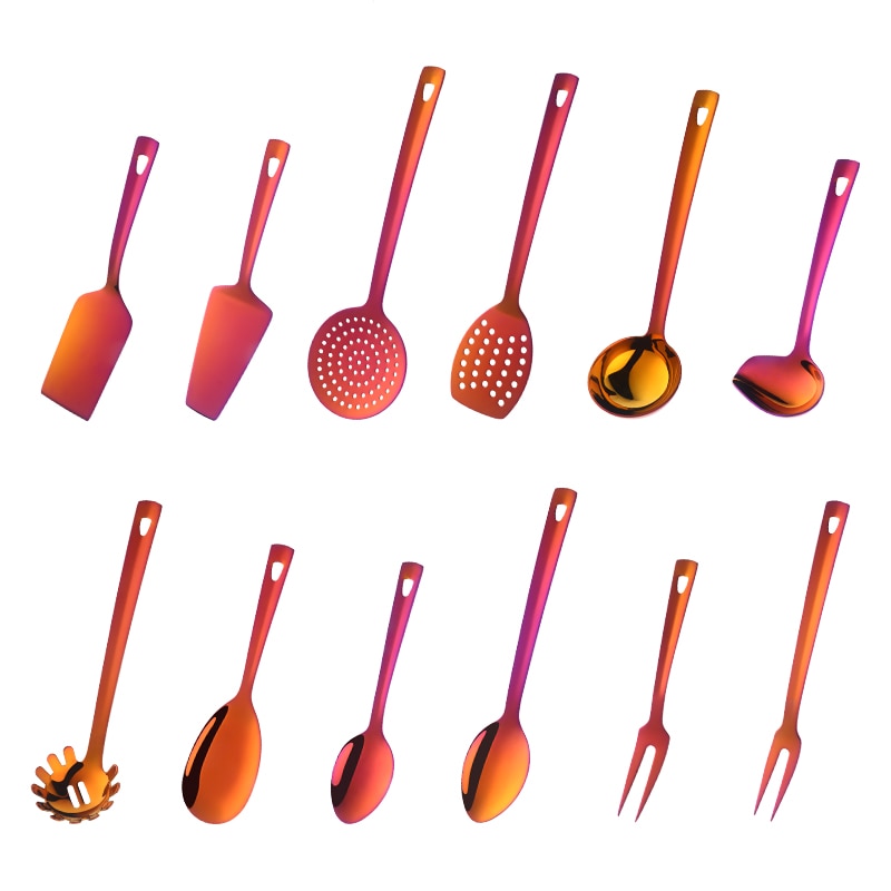 Ustensiles de cuisine en acier inoxydable, outil de cuisine en or, ensembles de service longs, cuillère cuillère fourchette tourneuse louche pelle à gâteau 4/12 pièces