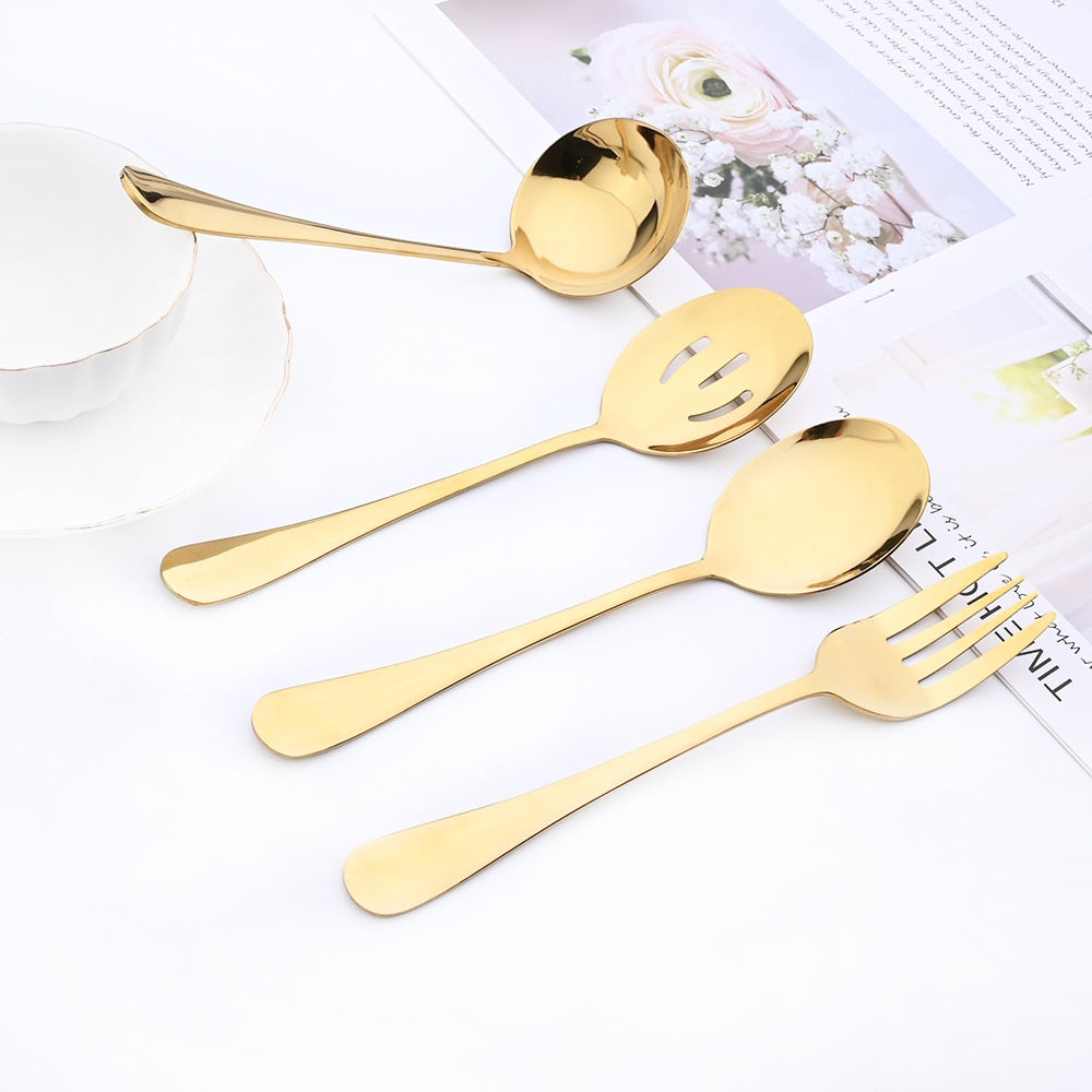 5Pcs Gold Dinnerware Set Stainless Steel Cutlery Serving Utensils Buffet Catering Serving Colander Spoons Fork Silverware Set
