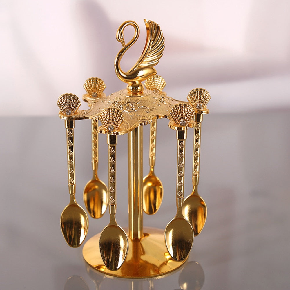 Stainless Steel Creative Dinnerware Set Decorative Swan Base Holder with 6 Spoons for Coffee Fruit Dessert Stirring Mixing