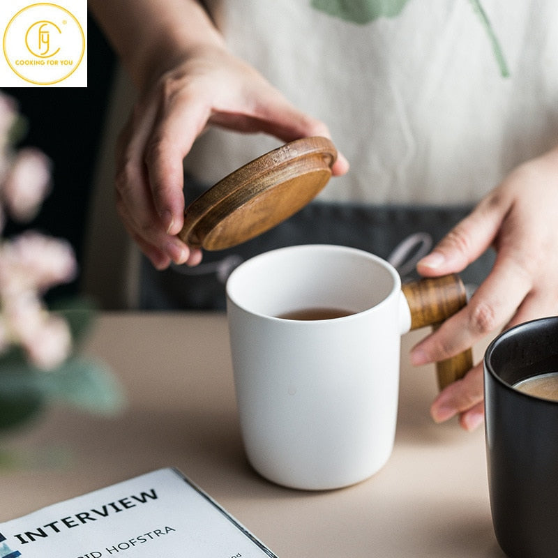 Gift Package Wooden Handle with Cover coffee cup Lovers coffee Mugs Ceramic coffee Mug cup set wooden coffee cup