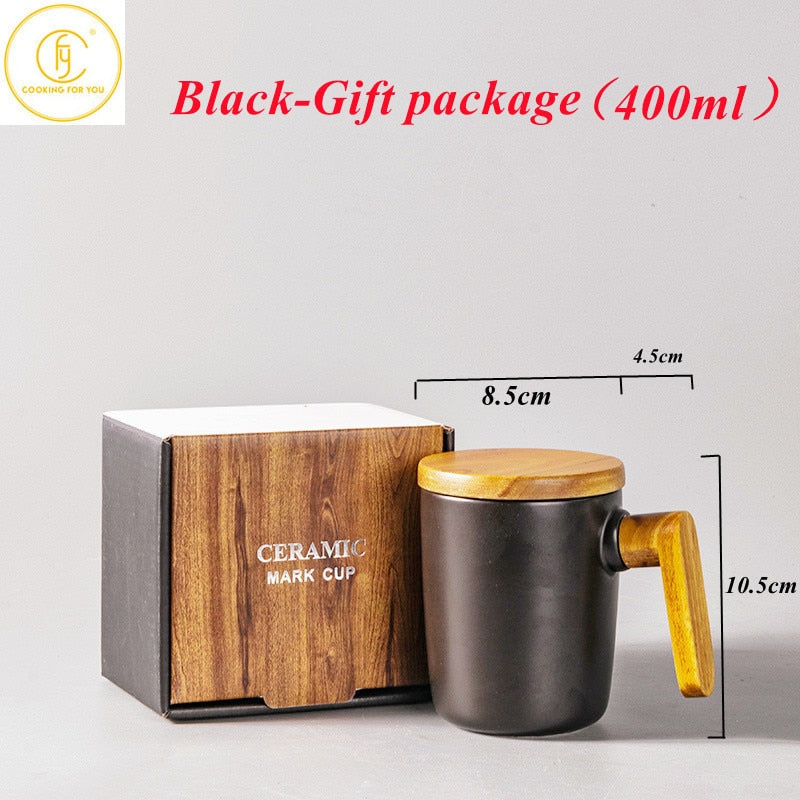 Gift Package Wooden Handle with Cover coffee cup Lovers coffee Mugs Ceramic coffee Mug cup set wooden coffee cup