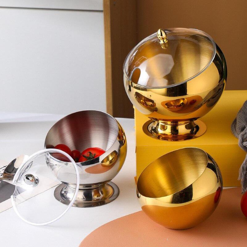 Bol à Sauce incliné en acier inoxydable avec couvercle, pot chaud pour Buffet, pot d'assaisonnement, récipient pour salade de fruits, bols sphériques, vaisselle de service