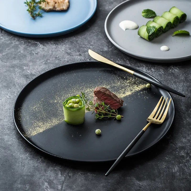 Round Solid Dinner Plates Matte Ceramic Flat Steak Trays Beef Spaghetti Dishware Tableware Dessert Salad Kitchen Tablewears