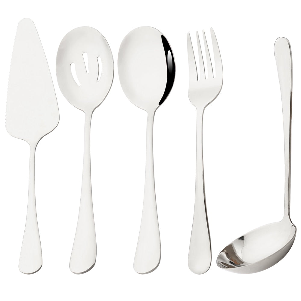 5Pcs Gold Dinnerware Set Stainless Steel Cutlery Serving Utensils Buffet Catering Serving Colander Spoons Fork Silverware Set