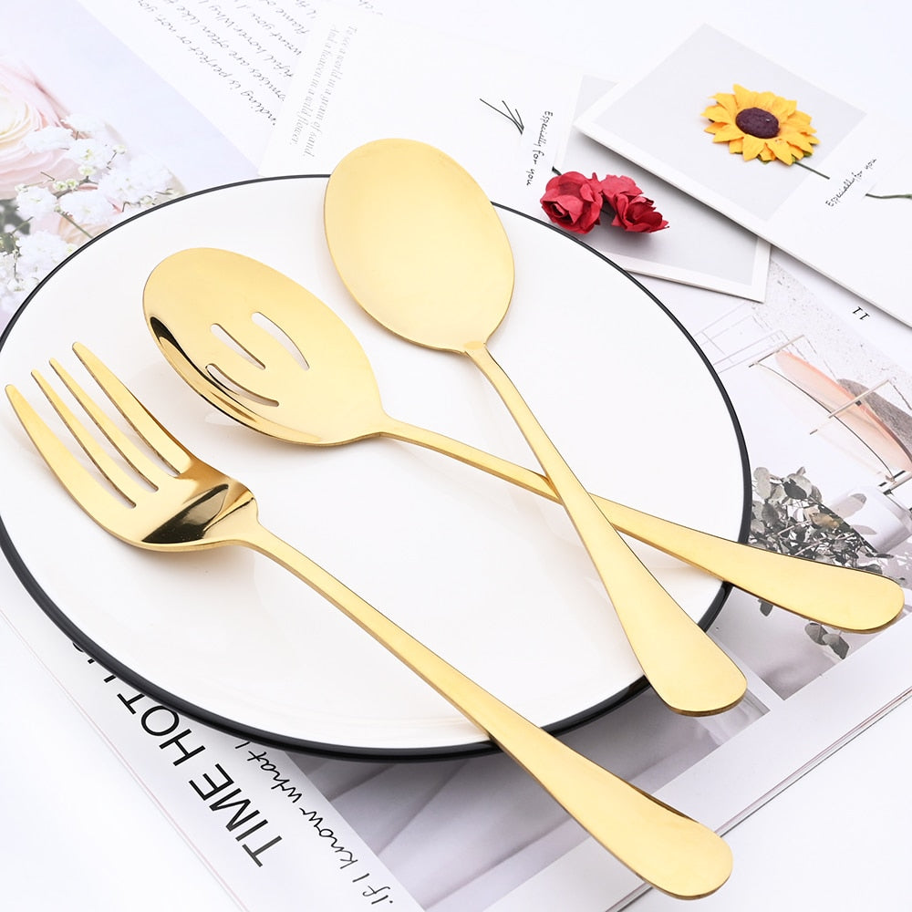 5Pcs Gold Dinnerware Set Stainless Steel Cutlery Serving Utensils Buffet Catering Serving Colander Spoons Fork Silverware Set