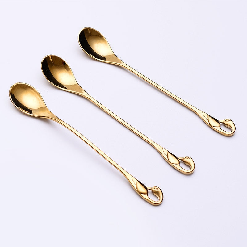 Stainless Steel Creative Dinnerware Set Decorative Swan Base Holder with 6 Spoons for Coffee Fruit Dessert Stirring Mixing