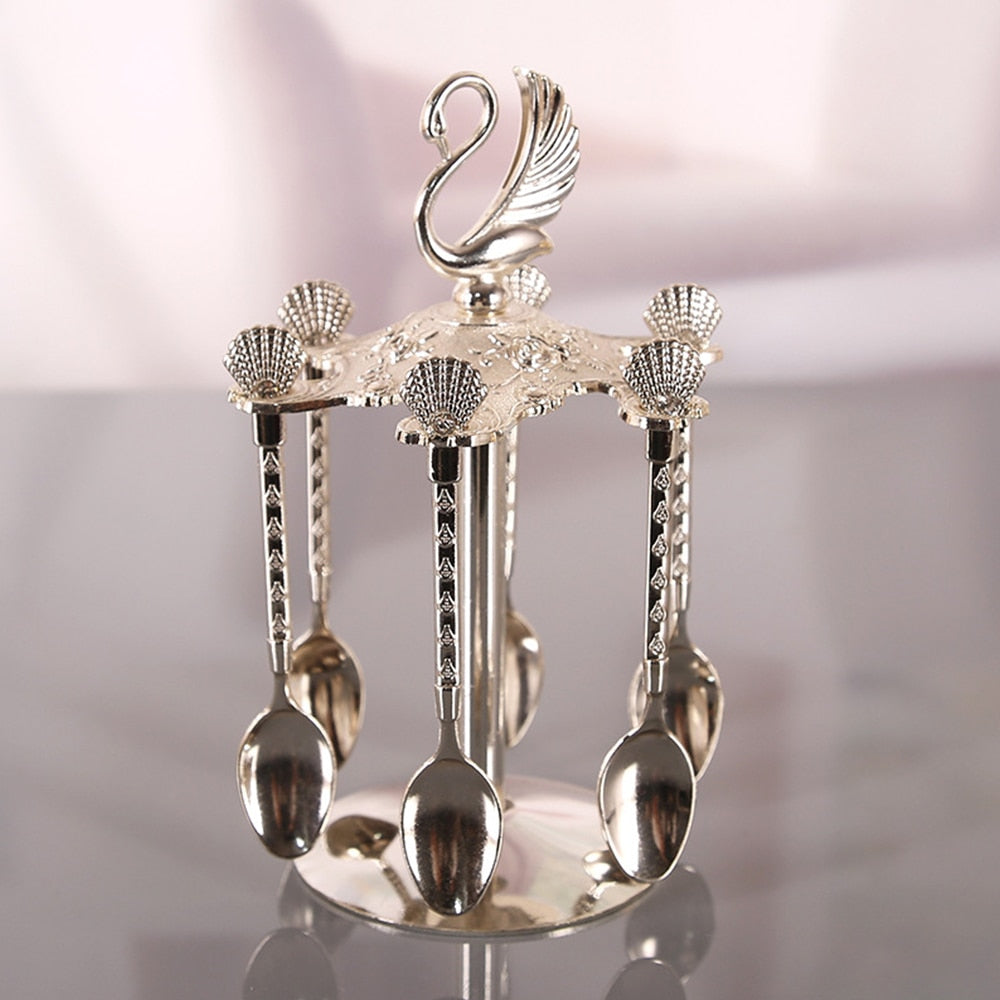 Stainless Steel Creative Dinnerware Set Decorative Swan Base Holder with 6 Spoons for Coffee Fruit Dessert Stirring Mixing
