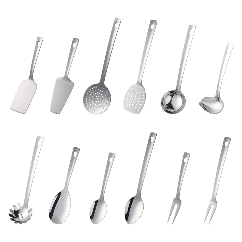 Ustensiles de cuisine en acier inoxydable, outil de cuisine en or, ensembles de service longs, cuillère cuillère fourchette tourneuse louche pelle à gâteau 4/12 pièces