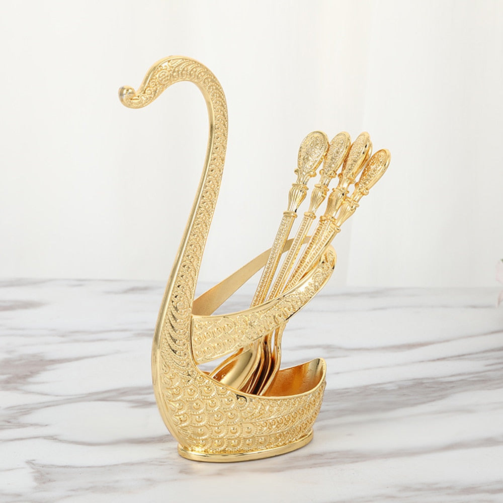 Stainless Steel Creative Dinnerware Set Decorative Swan Base Holder with 6 Spoons for Coffee Fruit Dessert Stirring Mixing