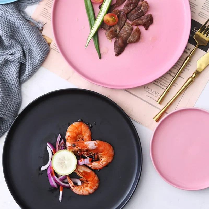 Round Solid Dinner Plates Matte Ceramic Flat Steak Trays Beef Spaghetti Dishware Tableware Dessert Salad Kitchen Tablewears
