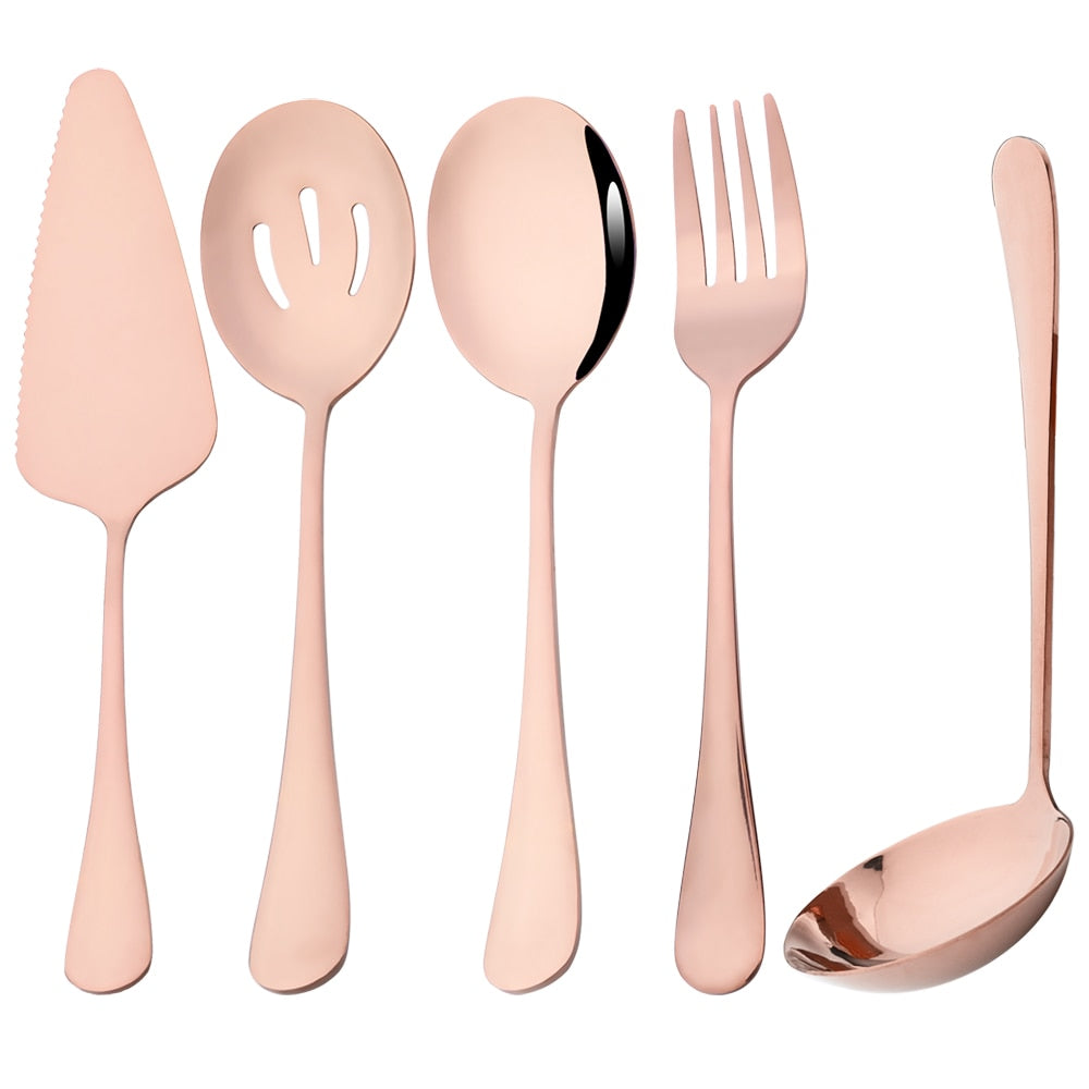 5Pcs Gold Dinnerware Set Stainless Steel Cutlery Serving Utensils Buffet Catering Serving Colander Spoons Fork Silverware Set