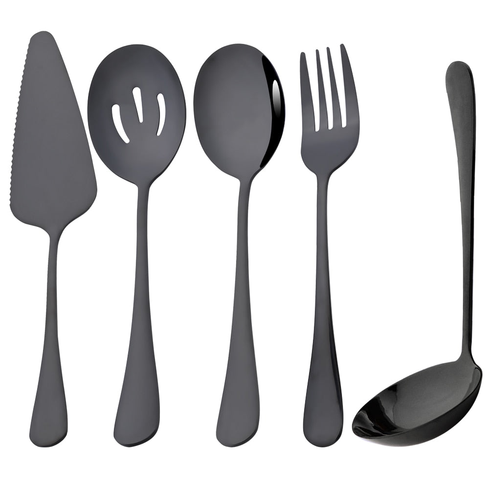 5Pcs Gold Dinnerware Set Stainless Steel Cutlery Serving Utensils Buffet Catering Serving Colander Spoons Fork Silverware Set