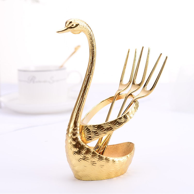 Stainless Steel Creative Dinnerware Set Decorative Swan Base Holder with 6 Spoons for Coffee Fruit Dessert Stirring Mixing